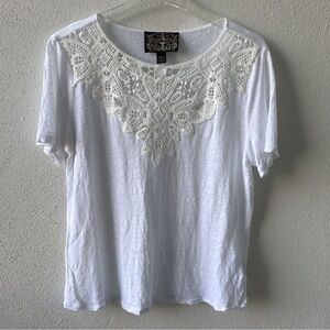 Anthro James Coviello Large Short Sleeve Crochet Round Neck Linen White Tee Soft